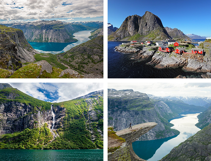 1) Ringedalsvatnet, lac à Odda - Norvège 2) Reine - Lofoten - Norvège 3) Vue du fjord de Geiranger, patrimoine mondial de l'Unesco - Norvège 4) Trolltunga - Odda - Hardangerfjord - Norvège