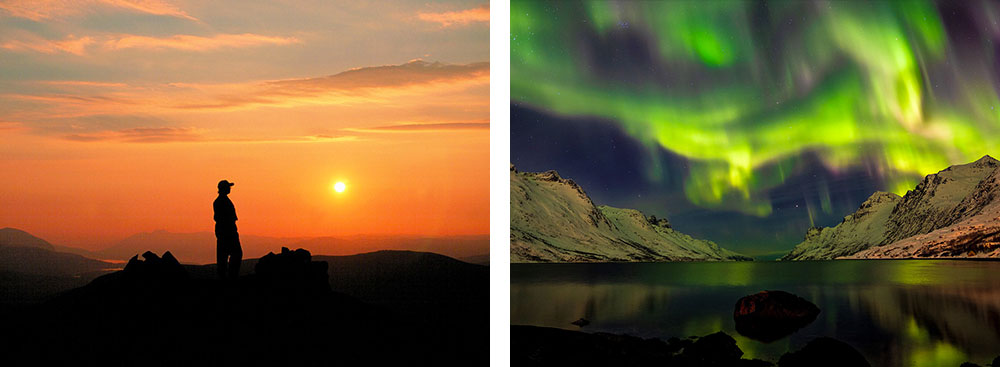 1) Soleil de minuit - Laponie - Finlande2) Aurore boréale sur l'île de Kvaløya- Norvège 