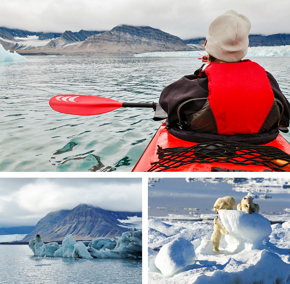 1) Kayak à Svea - Spitzberg - Svalbard - Norvège 2) Svea - Spitzberg - Archipel du Svalbard - Norvège 3) Ours polaires sur l'île du Spitzberg - Norvège