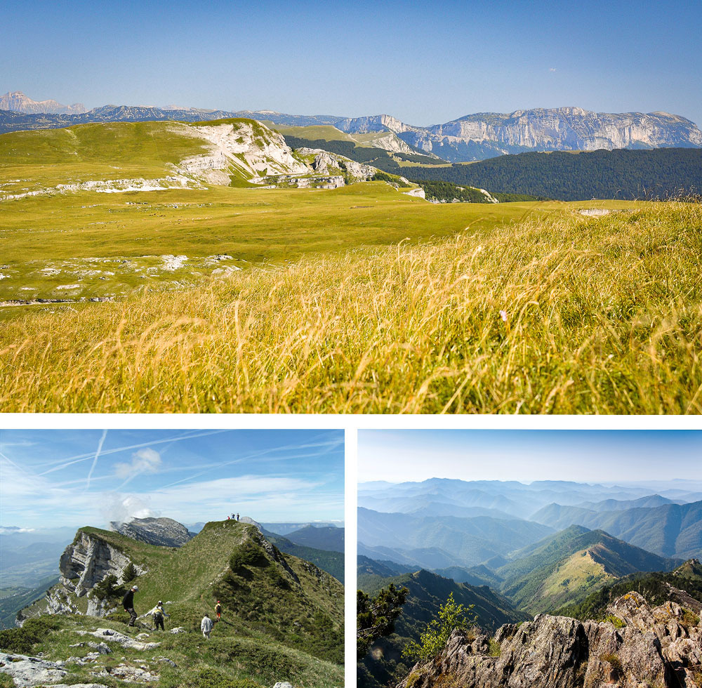 1) Plateaux du Vercors 2) Randonnée dans le massif de la Chartreuse et les Préalpes 3) Vallée de l'Hérault depuis l'Aigoual dans les Cévennes