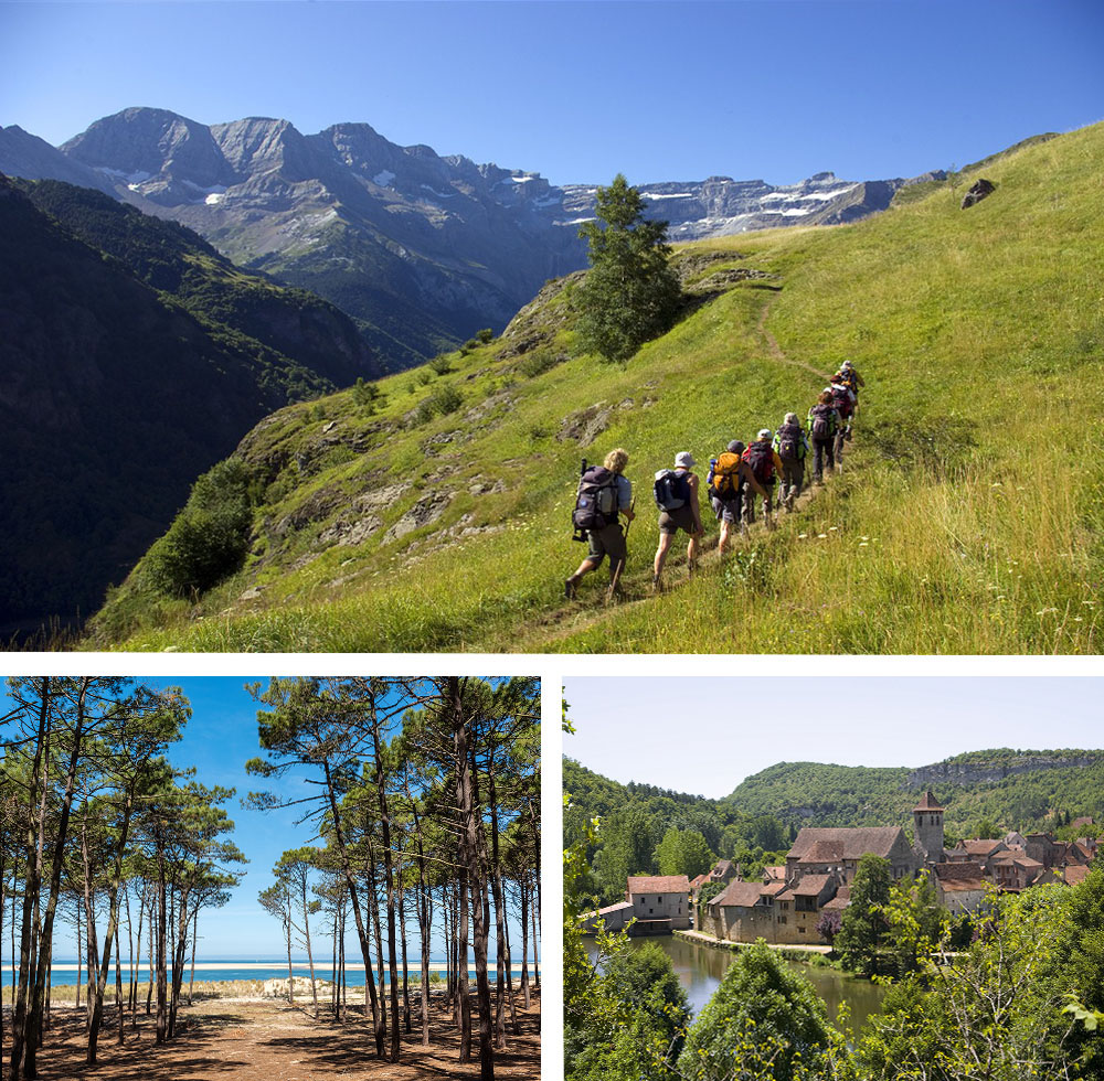 1) Randonnée au cœur du cirque de Gavarnie 2) Vue sur le banc d'Arguin dans le bassin d'Arcachon 3) Marcilhac-sur-Célé dans le Lot