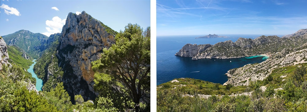 1) Gorges du Verdon 2) Parc national des Calanques