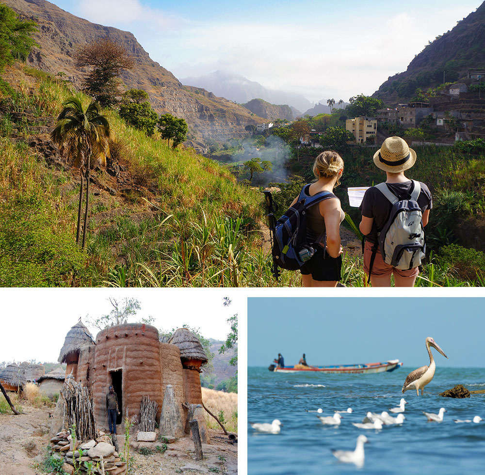 1) Randonnée sur l'île de Santo Antao - Cap-Vert2)  Village de tatas - Togo - Afrique  3) Pélican blanc au Sénégal