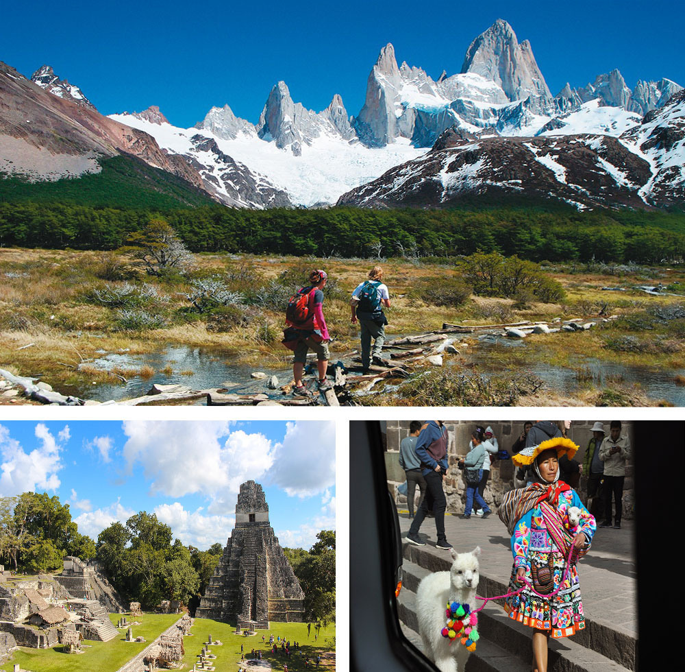 1) Randonnée dans la région du Fitz Roy - Argentine2) Site archéologique de Tikal - Guatemala3) Femme en habit traditionnel péruvien dans les rues de Cuzco - Pérou