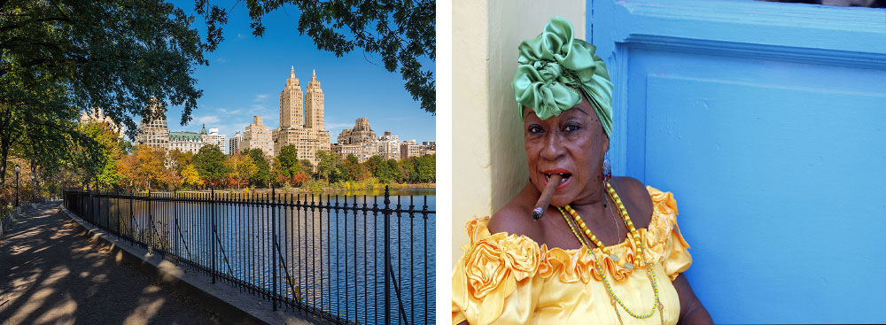 1) Vue sur l'Upper West Side depuis le Jacqueline Kennedy Onassis Reservoir à Central Park - Manhattan - New York - États-Unis2) Rencontre à La Havane - Cuba