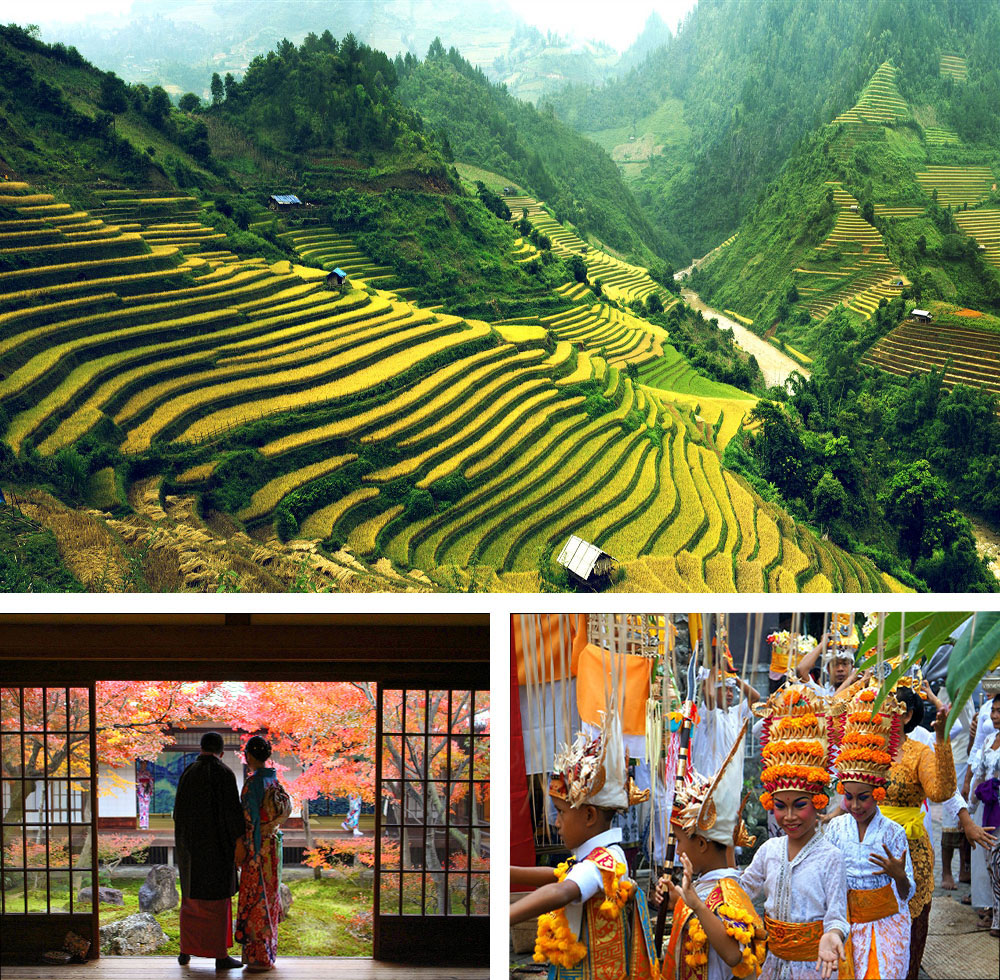 1) Rizières en terrasses - Vietnam2) Feuilles d'automne à Nakasendo - Japon3) Cérémonie à Bali - Province de Bali - Indonésie