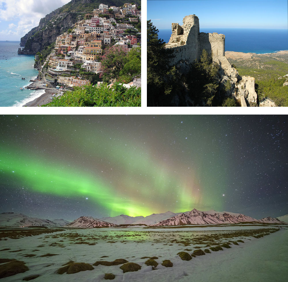 1) Positano sur la côte amalfitaine - Italie2) Citadelle de Kantara - Chypre3) Aurore boréale en Islande