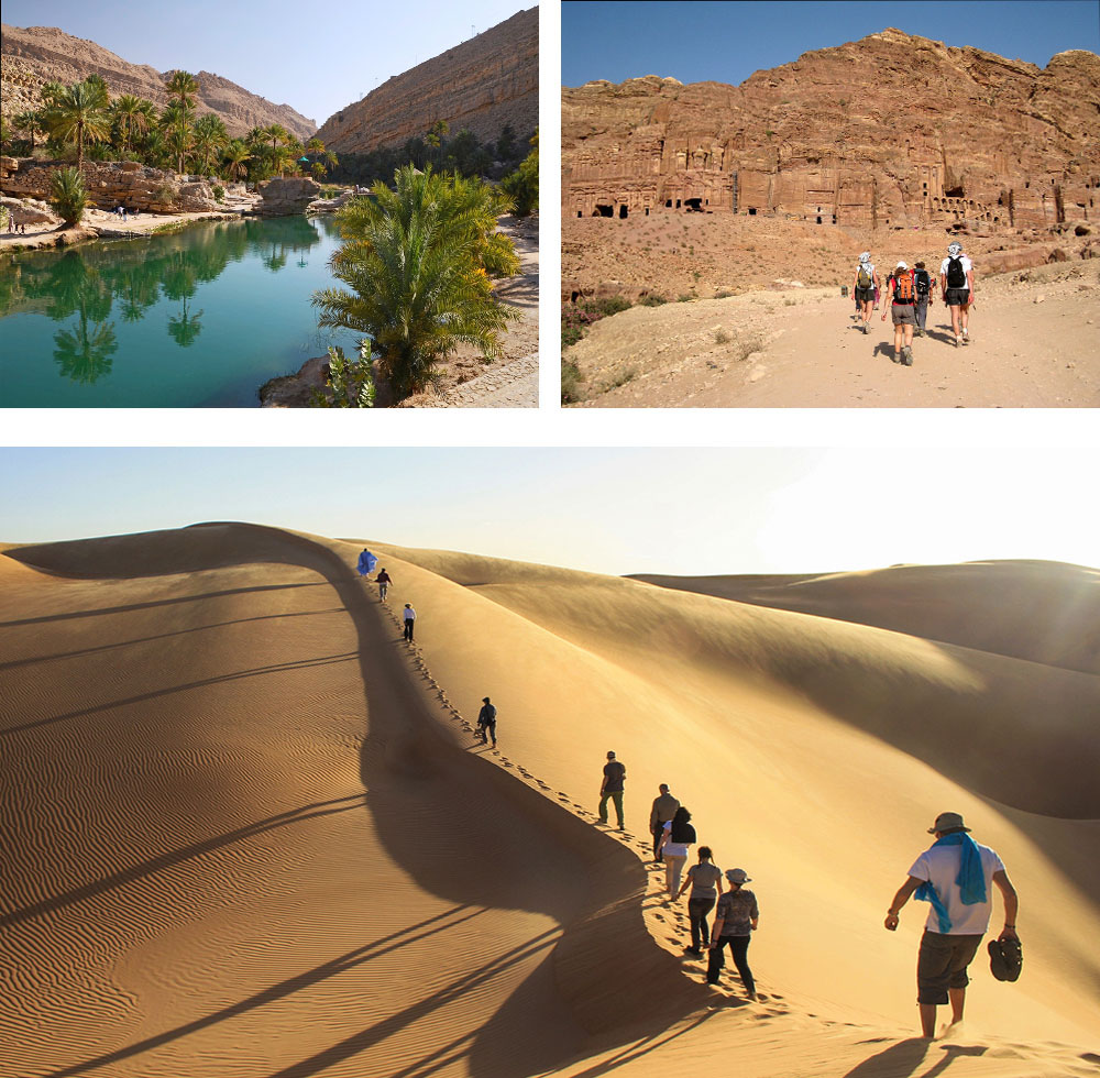 1) Piscines naturelles à Wadi Bani Khalid - Oman2) Pétra - Jordanie3) Randonnée dans le désert du Sahara - Azoueïga - Mauritanie