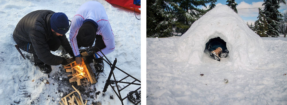 Fabrication du feu de bois dans le parc national de Hossa en Laponie et igloo