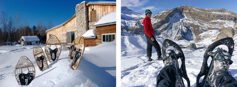 1) Paires de raquettes dans la neige au Canada2) Randonnée à raquette dans le Caucase en Azerbaïdjan