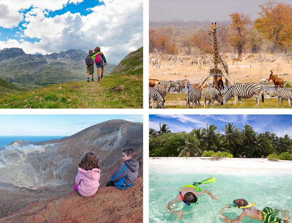 1. Randonnée en famille dans les montagnes2. Animaux dans le parc d'Etosha en Namibie3. Enfants au cratère de Vulcano en Sicile4. Enfants en snorkeling aux Maldives