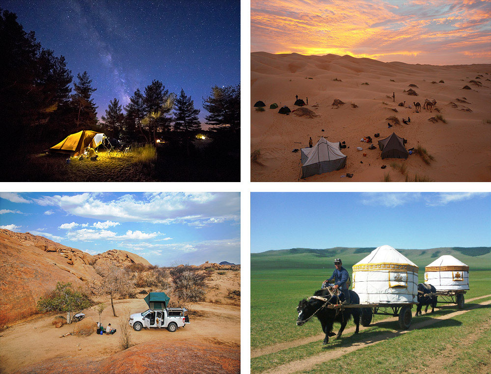 1. Tente sous les étoiles en France 2.  Bivouac dans l'erg Amatlich en Mauritanie 3. 4x4 avec tente sur le toit dans le Spitzkoppe en Namibie4. Yourtes tirées par des yaks dans les steppes mongoles