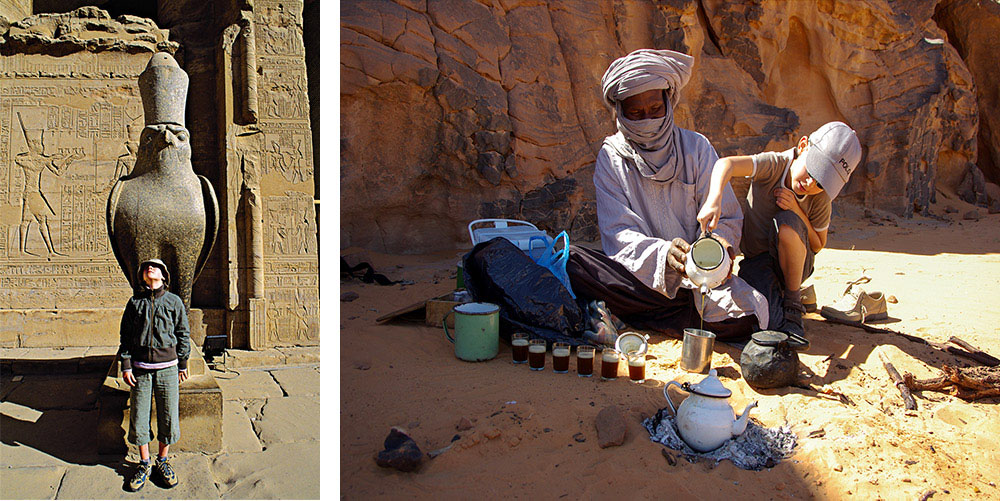 1. Visite du temple de Louxor en Égypte2. Préparation du thé dans le Pré-Tassili n'Ajjer en Algérie