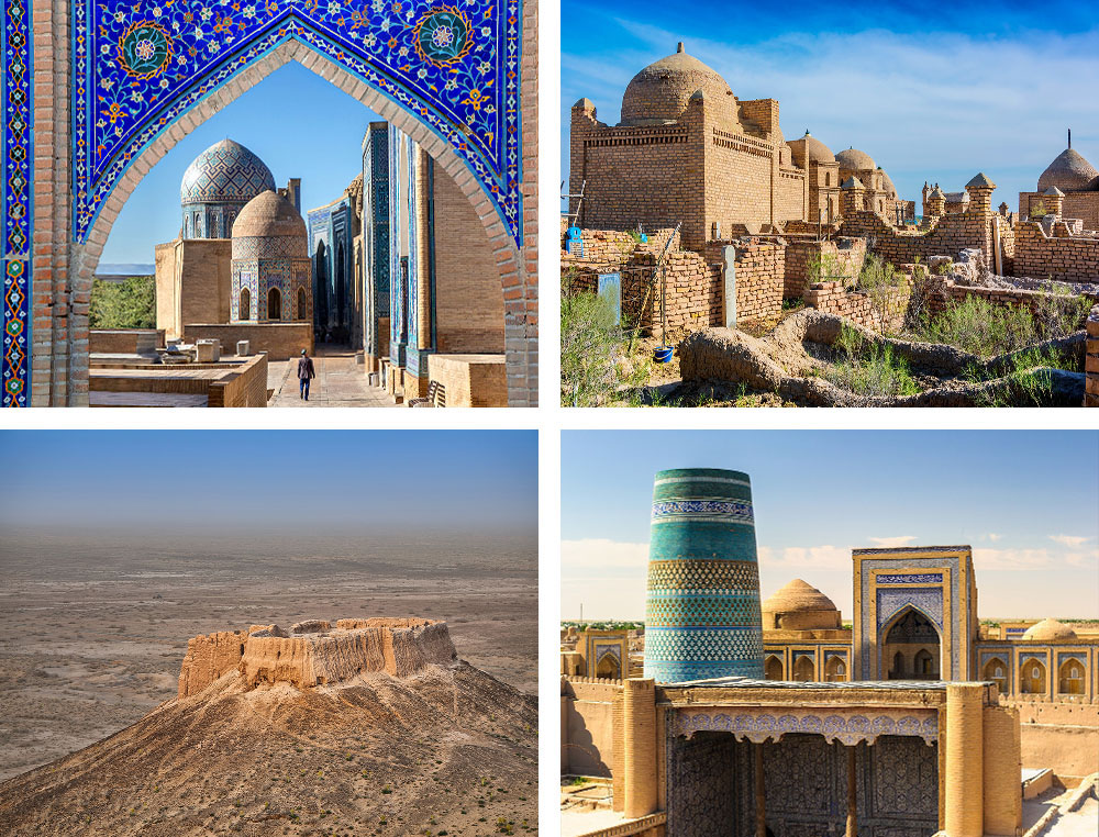 1. Nécropole Shah-i-Zinda  - Samarcande2. Nécropole de Mizdakhan - Ouzbékistan3. Ayaz Kala - Ouzbékistan4. Kalta Minor - Khiva - Ouzbékistan