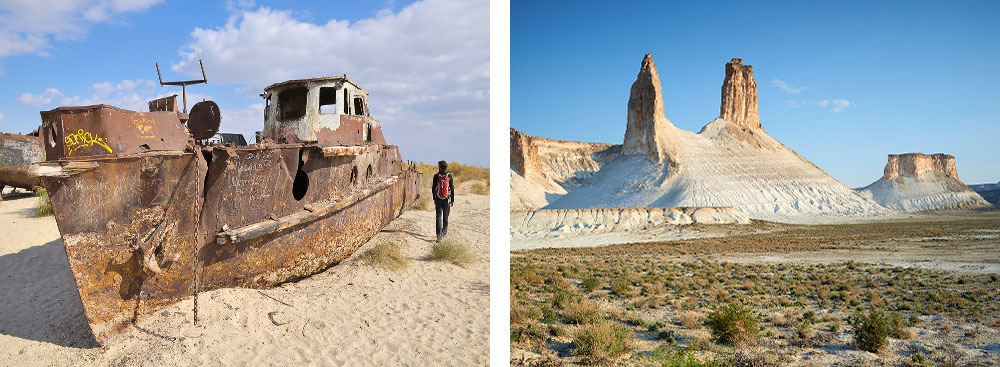 1. Cimetière des navires à Moynaq - Mer d'Aral - Ouzbékistan2. Plateau d’Ousturte - Ouzbékistan