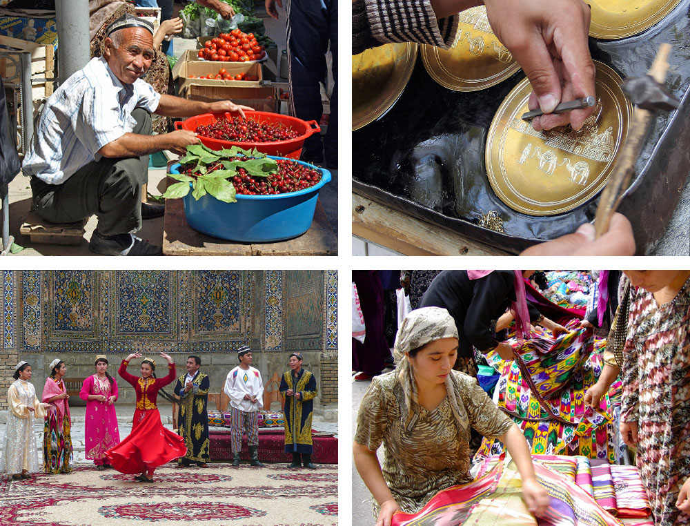 1. Vendeur de cerises au marché - Ouzbékistan2. Sérigraphe à Boukhara - Ouzbékistan3. Spectacle de danse folklorique - Ouzbékistan4. Vendeuses de soie au marché - Vallée de Fergana - Ouzbékistan